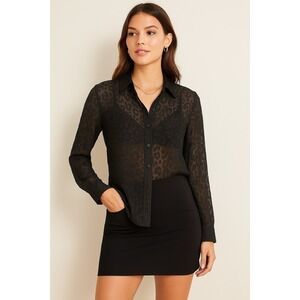 Vintage‎ Express Sheer Animal Print Button Down Blouse Black Leopard Portofino